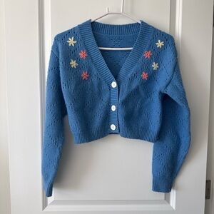 Blue Floral Embroidered V-Neck Cropped Sweater Cardigan